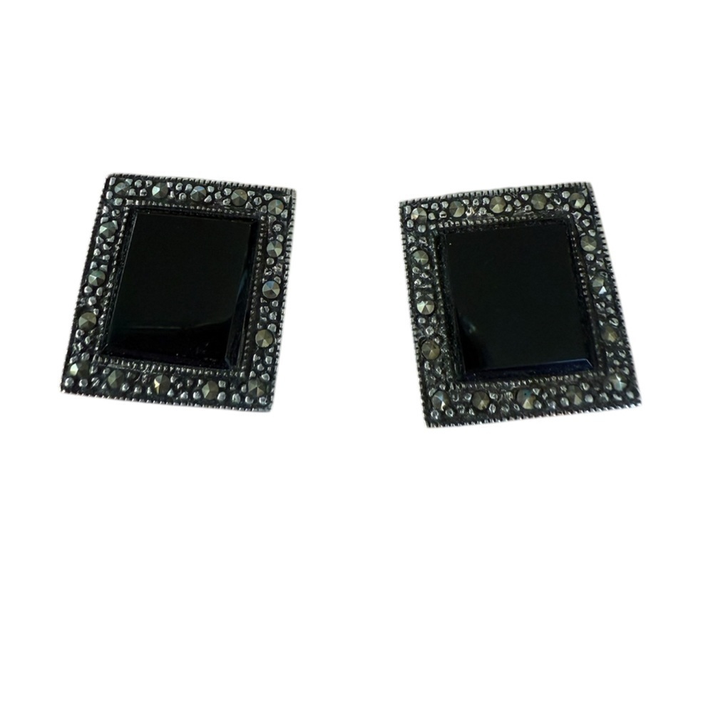 Vintage Sterling 925 Onyx and Marcasite clip on earrings Art Deco